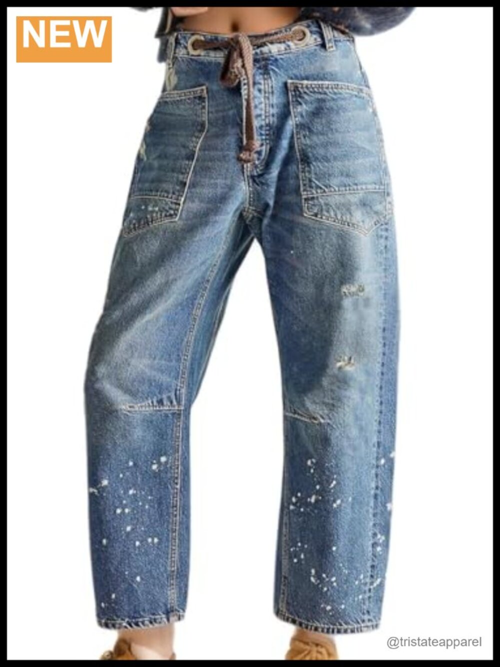 Barrel Jeans Women Mid-Low Rise Drawstring Wide Leg Ankle Tapered Denim
